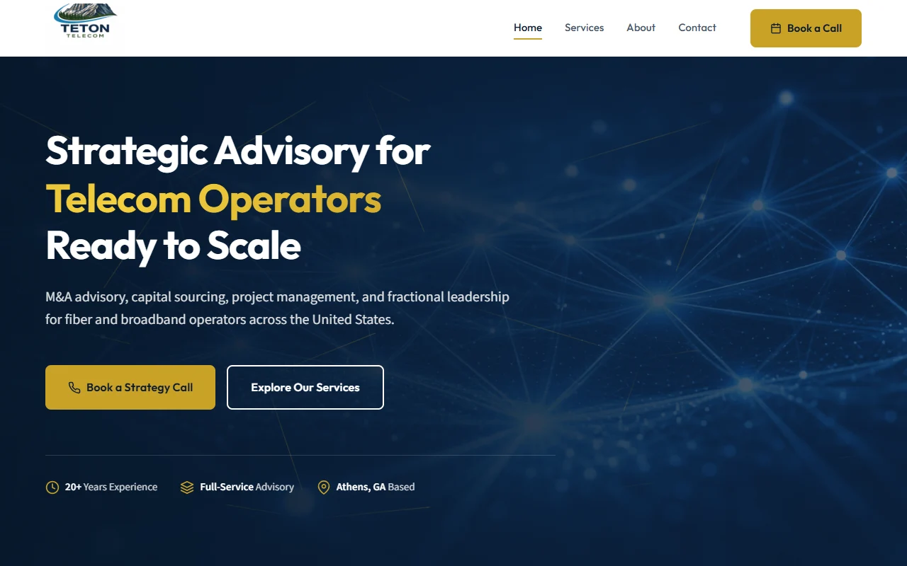 Teton Telecom homepage with a clear advisory headline, navy-and-gold styling, and service and contact actions