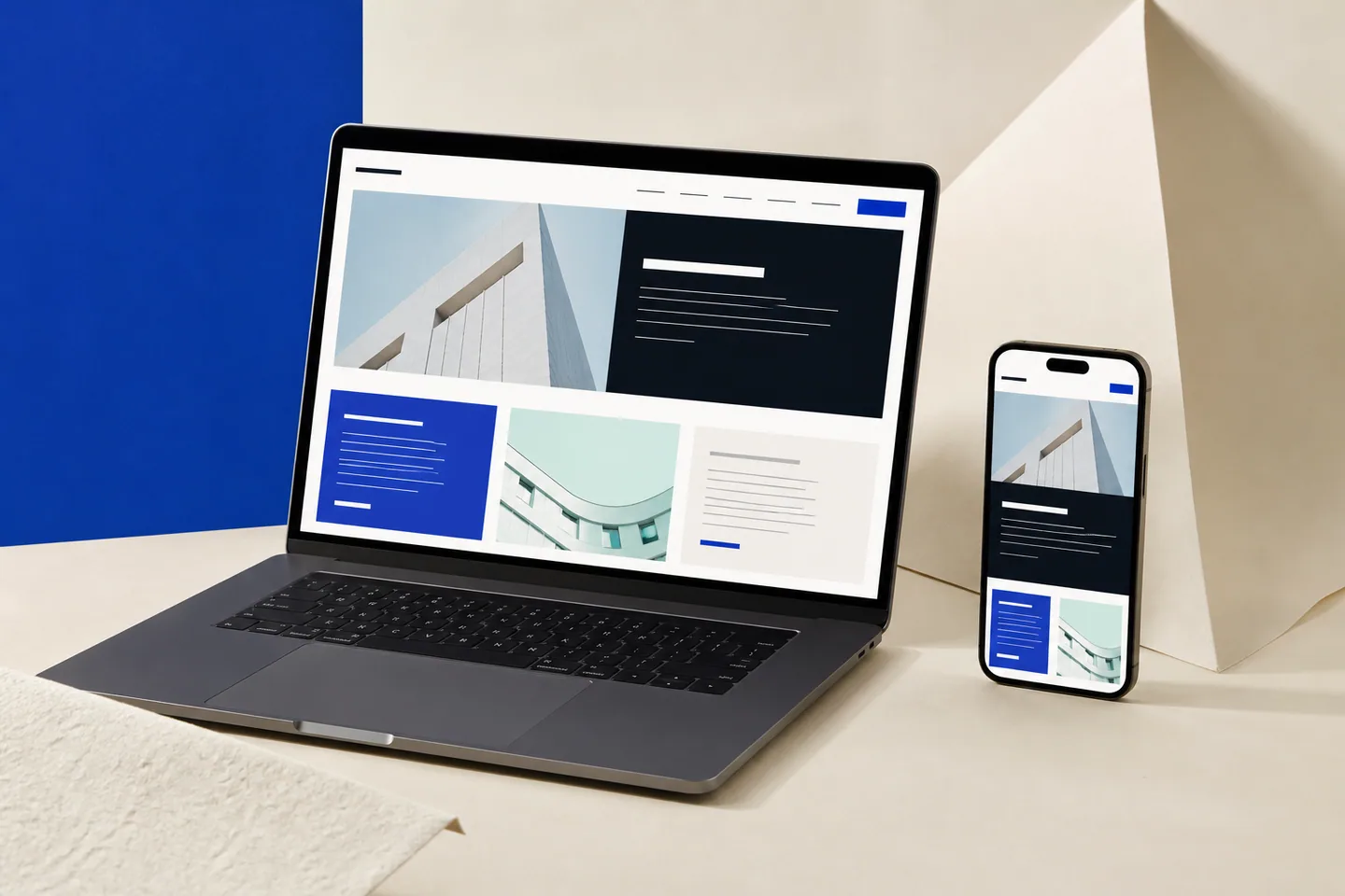 A laptop and phone presenting the same responsive website composition